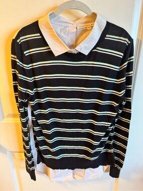 Veronica Beard Black Striped Sweater with White Shirt Collar
